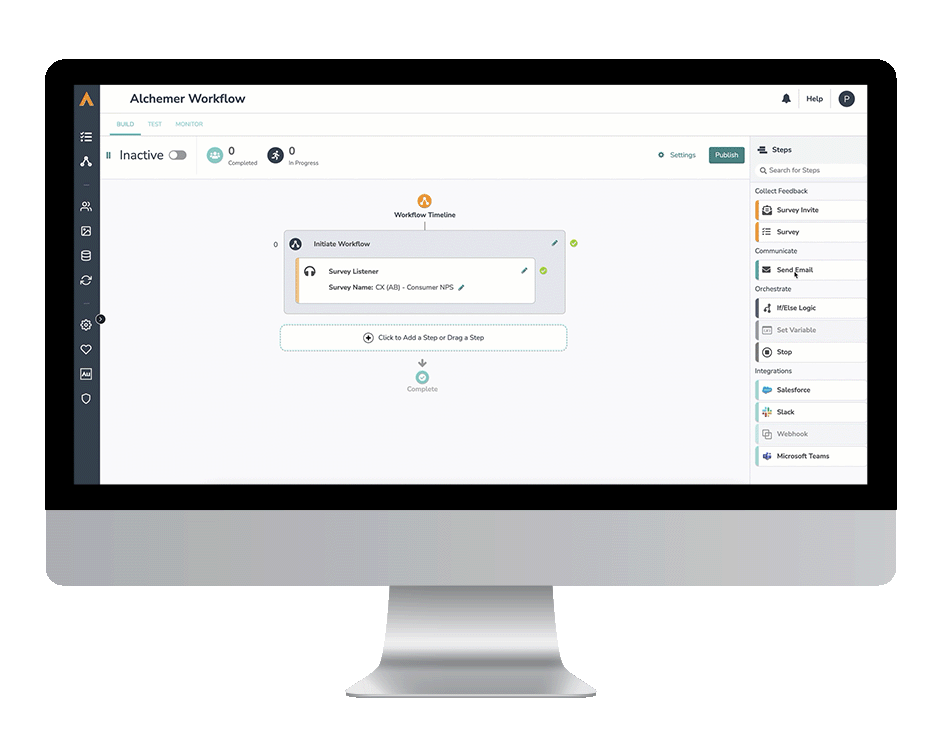 Computer monitor displaying a workflow interface with options for survey invites, reminder emails, logic, Slack, Salesforce, webhook integrations, and Microsoft Teams. The screen shows an inactive workflow setup.