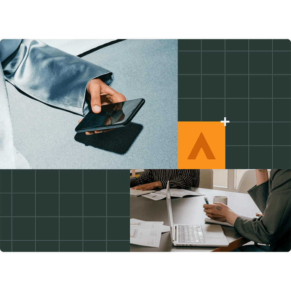 A person in a blue outfit holding a smartphone on a cushioned surface is shown above a grid pattern. Below, three people converse around a table with laptops and a coffee cup. The Alchemer orange Rune logo is on the right.