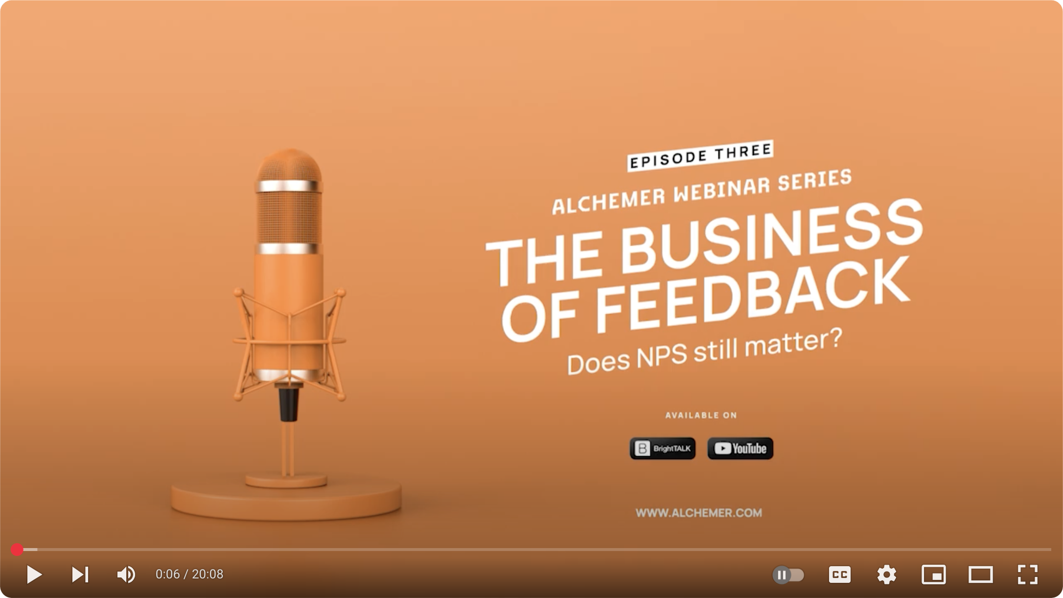 A stylized orange microphone stands on the left, with text on the right: Episode Three - Alchemer Webinar Series: The Business of Feedback. Does NPS still matter? Icons for Spotify and YouTube are below, with a website link.