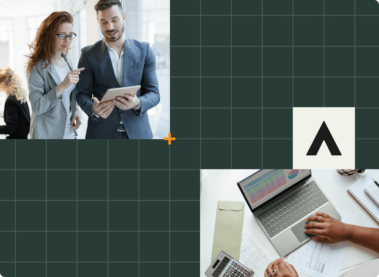 Two people in business attire, including a CFO, look at a tablet, while below, another person works on a laptop with charts and documents. A black Alchemer Rune logo stands out against a dark grid background between the images.