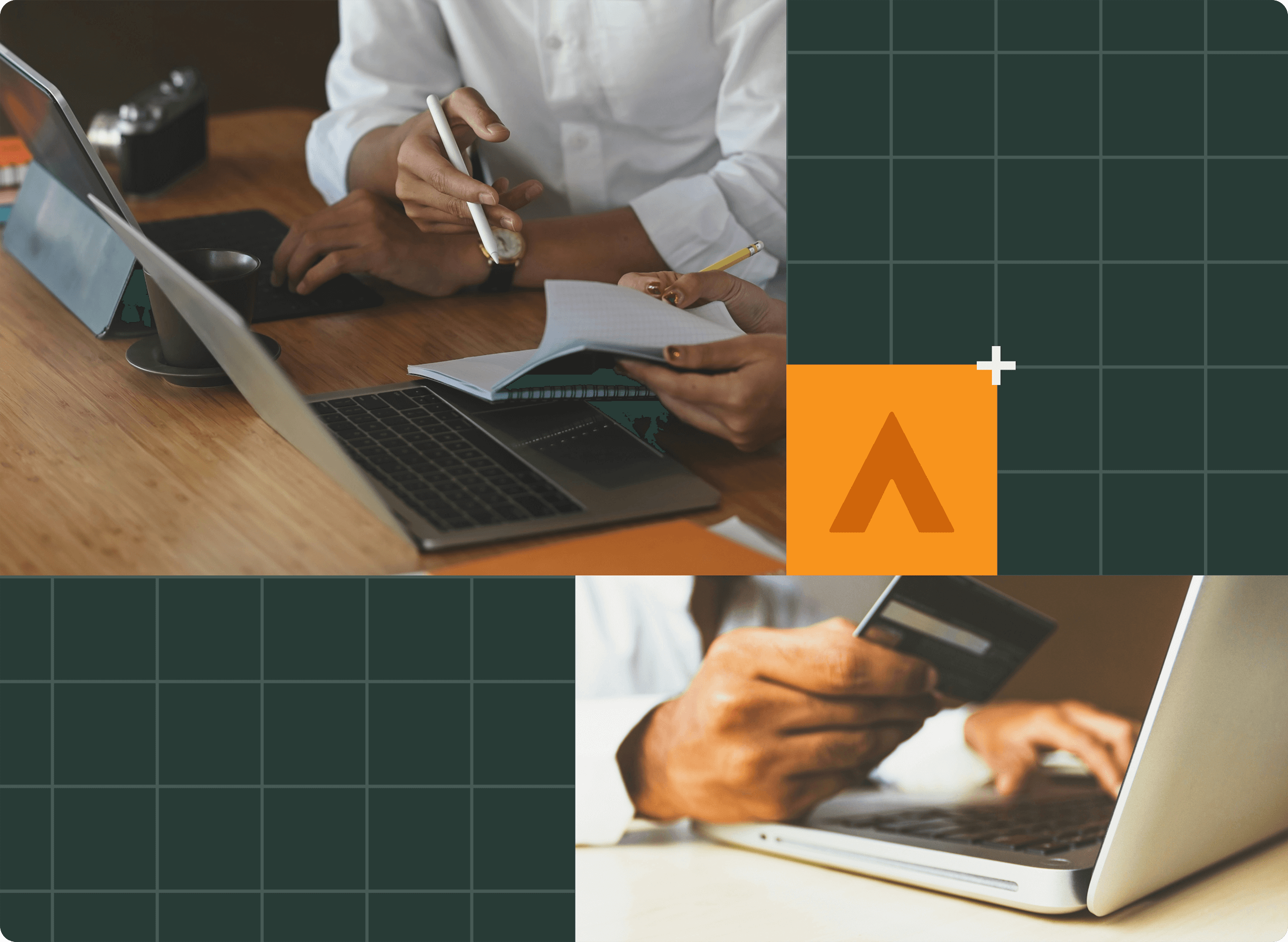 Two people work at a desk with a laptop and notebook, while another person uses a credit card in front of a laptop. The background features a dark grid with an orange square and arrow design.